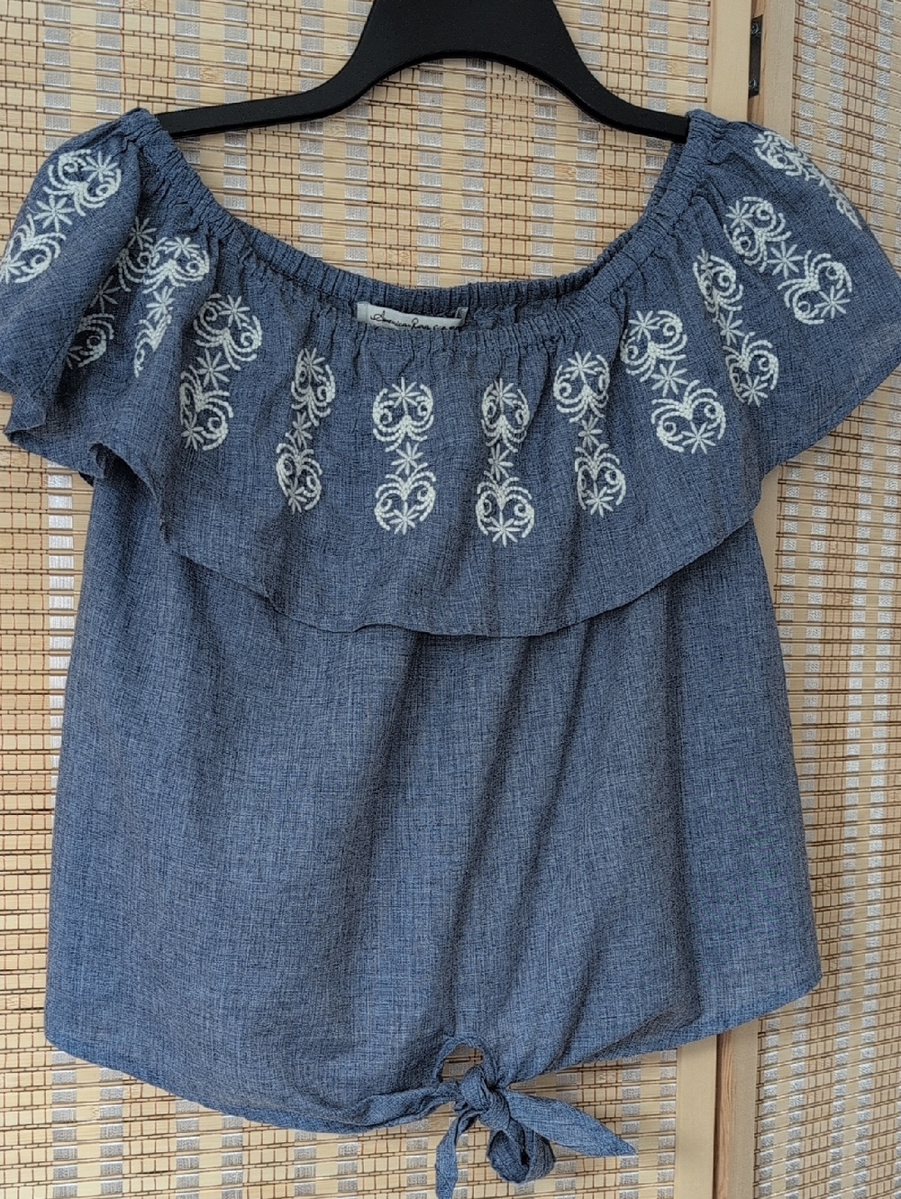 American Rag Blue Embroidered Off-Shoulder Tie-Hem Crop Top